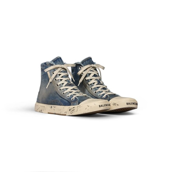 Balenciaga Paris Distressed Denim Hi-Top Sneakers - Picture 1 of 9